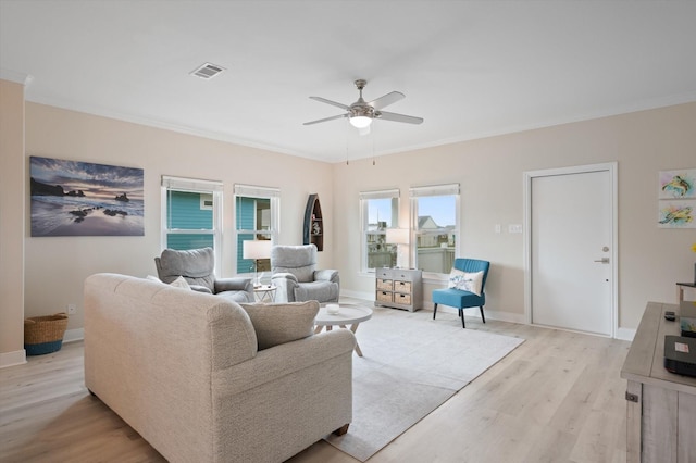 978 Sue Dr, Crystal Beach, TX 77650 - living area with visible vents, a ceiling fan, light wood-type flooring, and ornamental molding