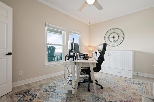 978 Sue Dr, Crystal Beach, TX 77650 - home office with baseboards, wood finished floors, a ceiling fan, and crown molding
