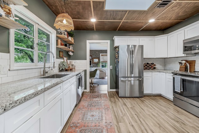 kitchen with a sink, light wood-style flooring, backsplash, white cabinets, and appliances with stainless steel finishes