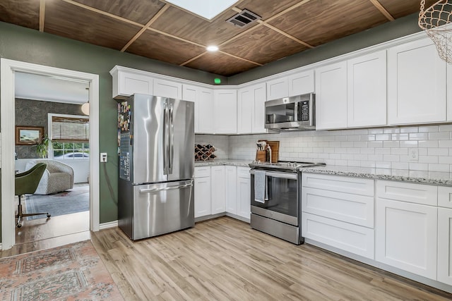 kitchen with wooden ceiling, light wood-style flooring, appliances with stainless steel finishes, white cabinetry, and visible vents