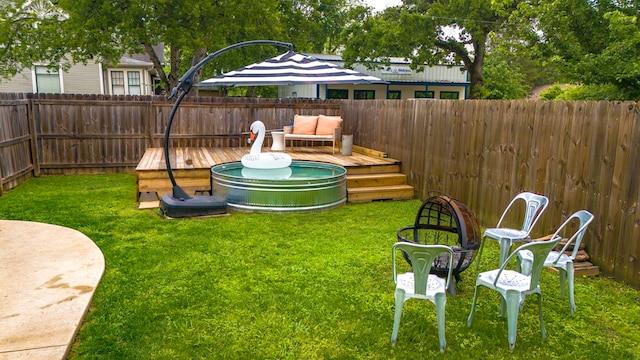 view of yard with a wooden deck and a fenced backyard