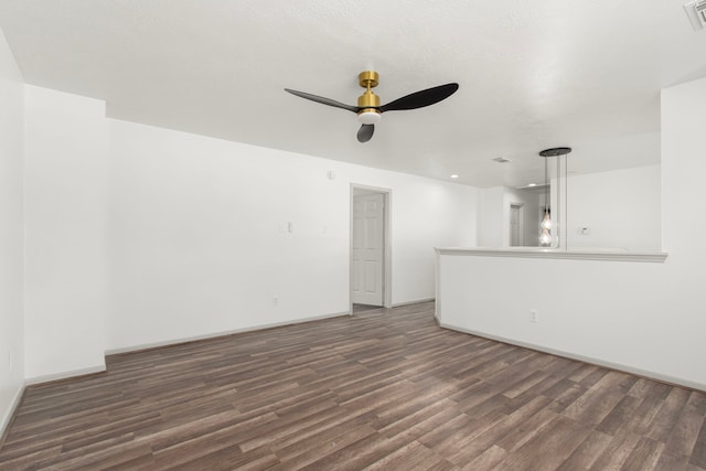 unfurnished living room featuring recessed lighting, ceiling fan, visible vents, baseboards, and wood finished floors