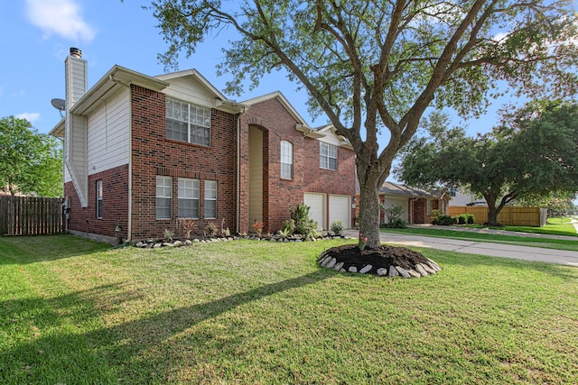 traditional home with a chimney, brick siding, fence, concrete driveway, and an attached garage