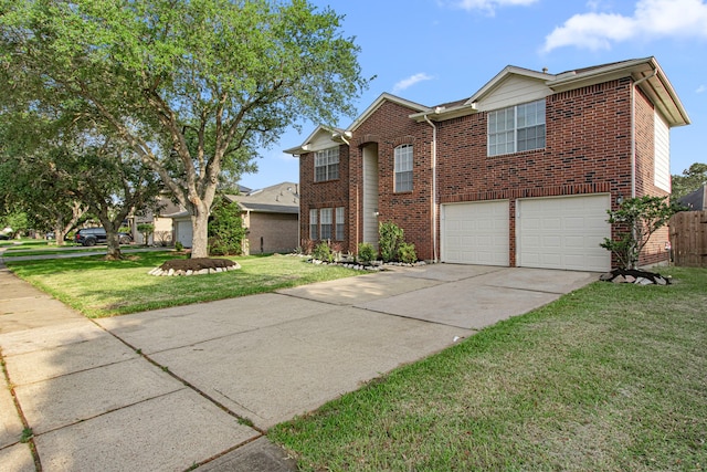 traditional home with a front lawn, brick siding, concrete driveway, an attached garage, and fence