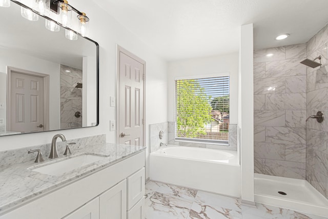 bathroom featuring recessed lighting, a shower stall, vanity, marble finish floor, and a garden tub