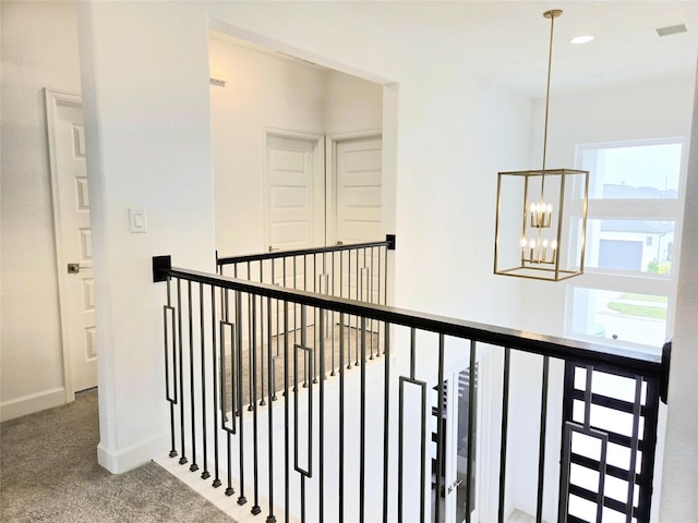 1902 Longcroft Ln, Katy, TX 77493 - hall with an upstairs landing, a chandelier, baseboards, carpet, and recessed lighting