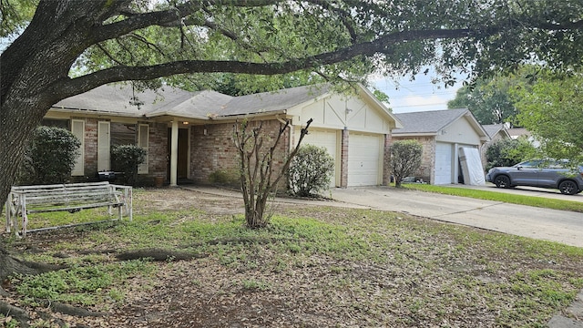 ranch-style home featuring driveway, a garage, and brick siding