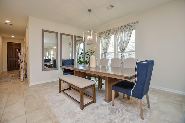 dining area featuring visible vents, recessed lighting, baseboards, and a notable chandelier