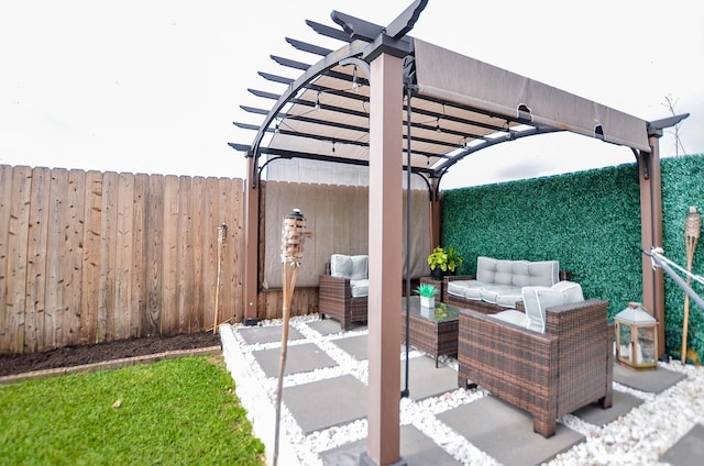 view of patio featuring fence, a pergola, and outdoor lounge area