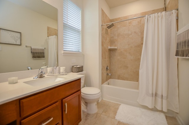 full bathroom with tile patterned flooring, shower / bath combo, toilet, and vanity