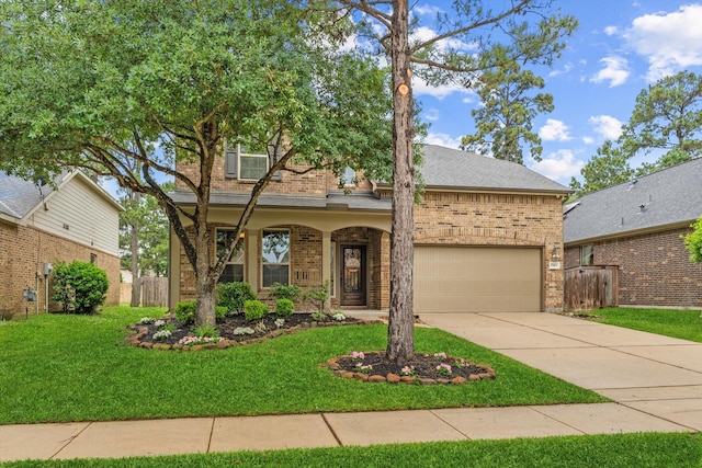 traditional-style house featuring brick siding, driveway, a garage, and a shingled roof
