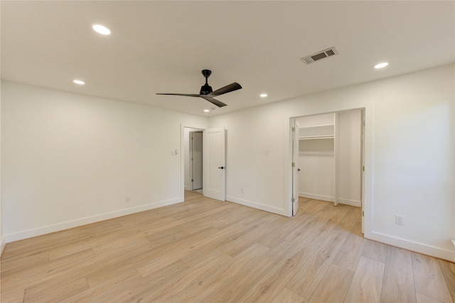 unfurnished bedroom featuring visible vents, recessed lighting, light wood-style flooring, and baseboards
