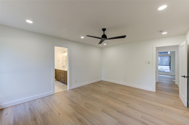 empty room with recessed lighting, ceiling fan, and light wood-style floors