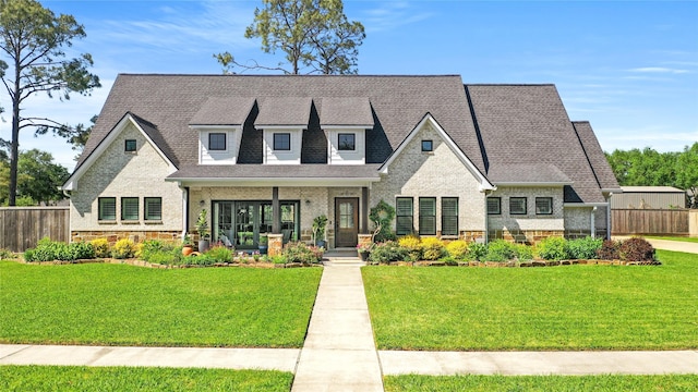 view of front of property with a porch, stone siding, and a shingled roof