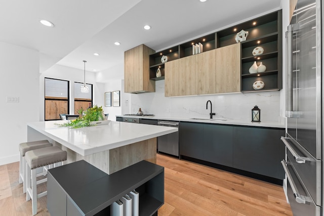 kitchen featuring a kitchen island, modern cabinets, open shelves, a sink, and stainless steel appliances
