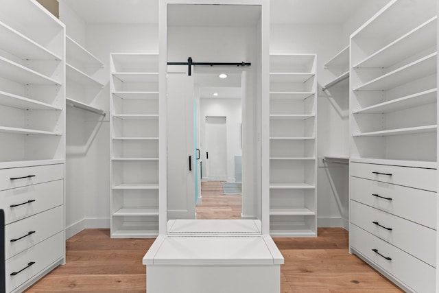 spacious closet featuring light wood-type flooring and a barn door
