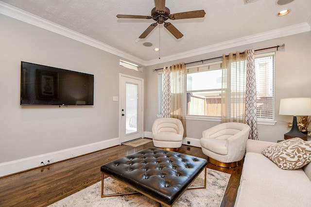 1708 Aden Mist Dr, Houston, TX 77003 - living room featuring wood finished floors, crown molding, ceiling fan, baseboards, and recessed lighting