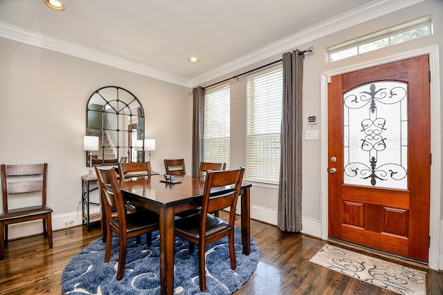 1708 Aden Mist Dr, Houston, TX 77003 - dining room with dark wood finished floors, plenty of natural light, baseboards, ornamental molding, and recessed lighting