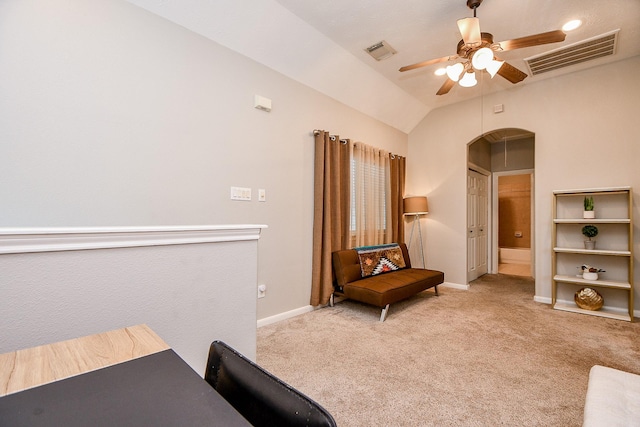 1708 Aden Mist Dr, Houston, TX 77003 - carpeted bedroom with arched walkways, baseboards, vaulted ceiling, ensuite bathroom, and a ceiling fan