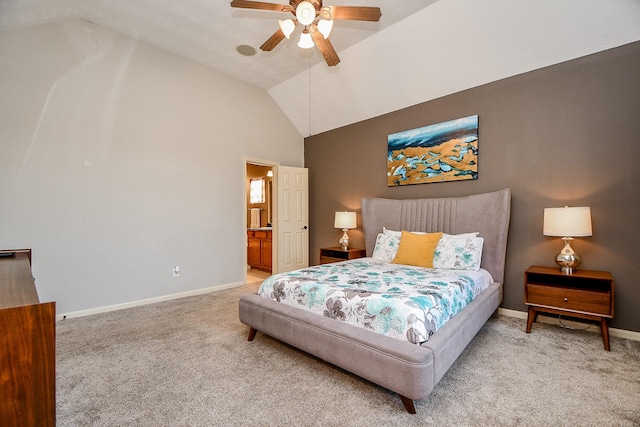 1708 Aden Mist Dr, Houston, TX 77003 - bedroom with carpet floors, baseboards, high vaulted ceiling, ceiling fan, and connected bathroom
