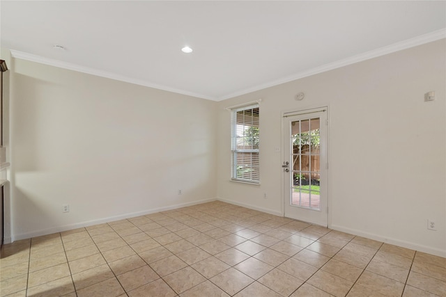 spare room with baseboards, recessed lighting, light tile patterned floors, and crown molding
