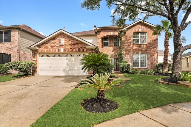 traditional home featuring concrete driveway, a front lawn, a garage, and brick siding