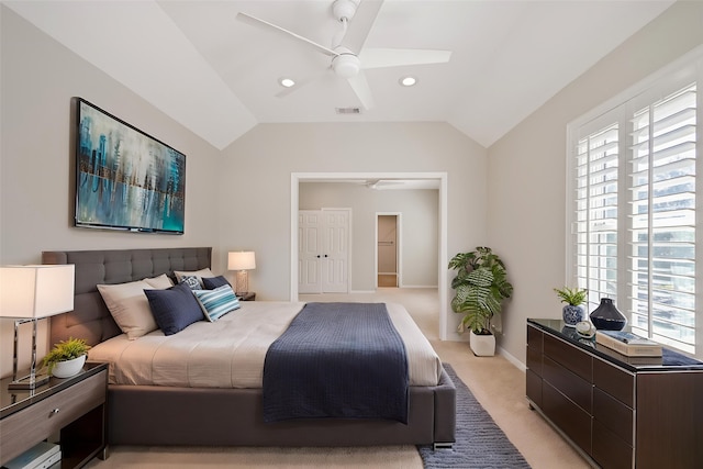 3430 Williams Glen Dr, Sugar Land, TX 77479 - bedroom with light carpet, lofted ceiling, ceiling fan, baseboards, and recessed lighting