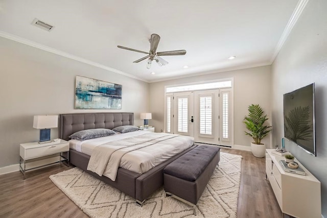 3430 Williams Glen Dr, Sugar Land, TX 77479 - bedroom with baseboards, access to outside, ornamental molding, light wood-style floors, and recessed lighting