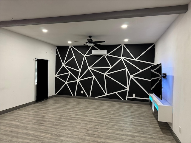 unfurnished room with baseboards, ceiling fan, recessed lighting, and wood finished floors