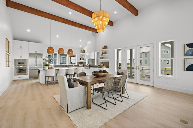 dining space featuring beamed ceiling, light wood-style floors, baseboards, recessed lighting, and high vaulted ceiling