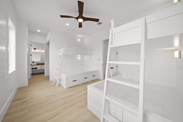 unfurnished bedroom featuring visible vents, recessed lighting, light wood finished floors, and baseboards
