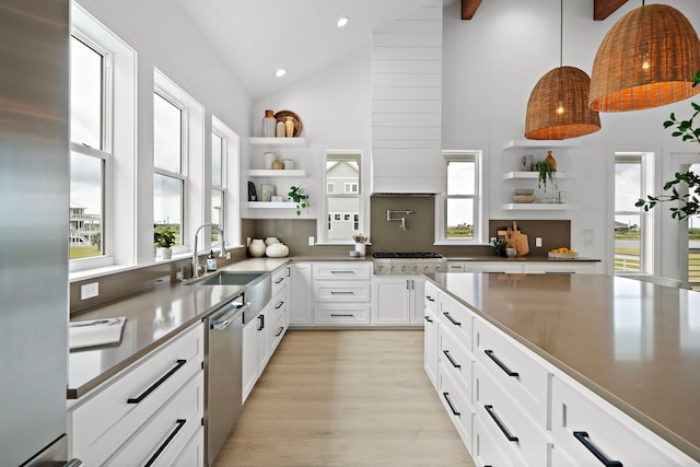 kitchen featuring light wood finished floors, a sink, open shelves, and stainless steel appliances
