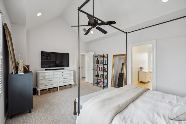 711 Temple St, Houston, TX 77009 - bedroom featuring carpet floors, recessed lighting, ceiling fan, and high vaulted ceiling