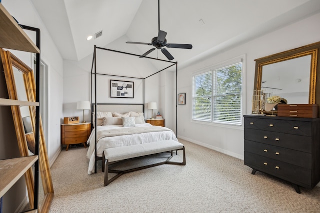 bedroom with ceiling fan, visible vents, light colored carpet, baseboards, and high vaulted ceiling