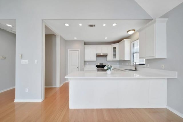 kitchen featuring light wood-style flooring, stainless steel electric range oven, light countertops, and a sink