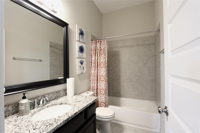 full bathroom featuring vanity, shower / bathtub combination with curtain, tile patterned flooring, and toilet