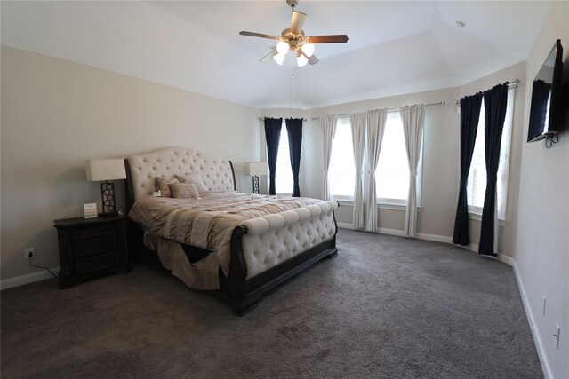 carpeted bedroom with baseboards and ceiling fan