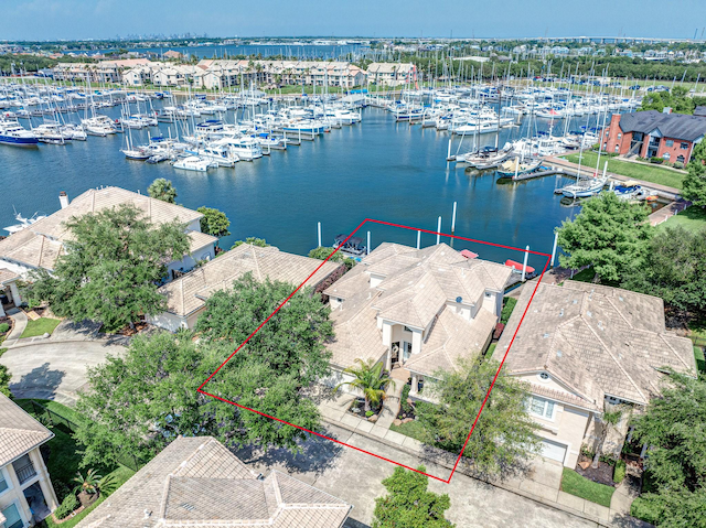 aerial view featuring a water view