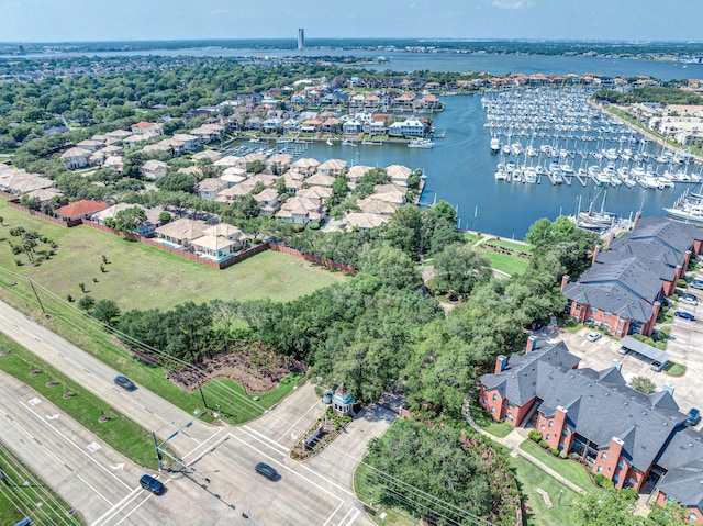 birds eye view of property with a water view and a residential view