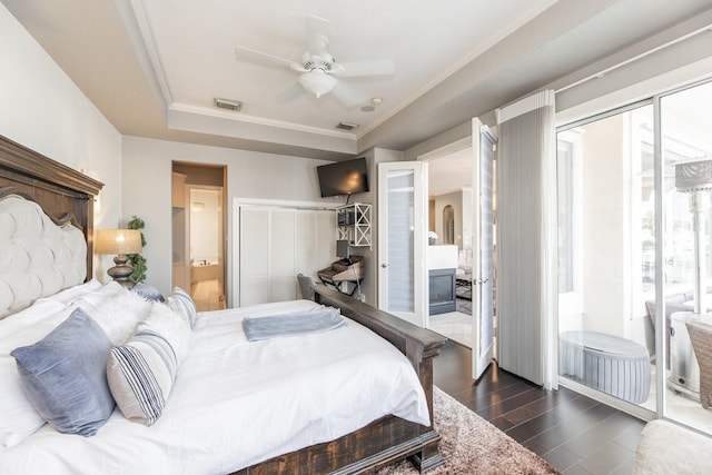 bedroom featuring crown molding, visible vents, ceiling fan, dark wood-type flooring, and access to outside