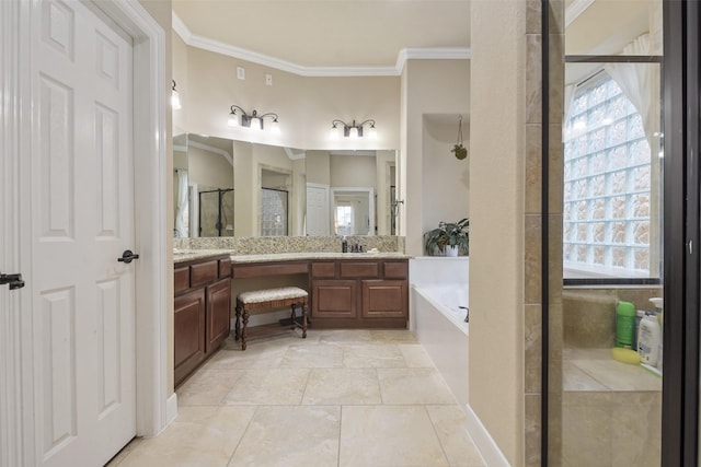 full bathroom with a shower stall, crown molding, a sink, double vanity, and a bath