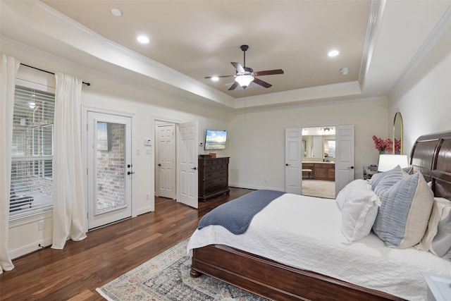 bedroom with dark wood-style floors, recessed lighting, access to outside, a raised ceiling, and crown molding