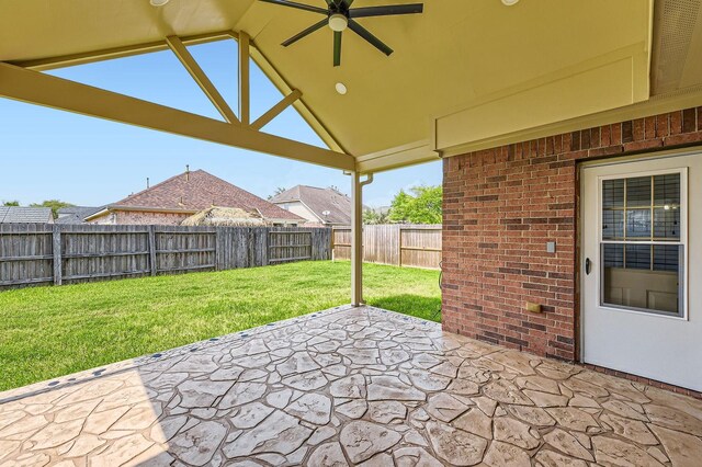 view of patio with a ceiling fan and a fenced backyard