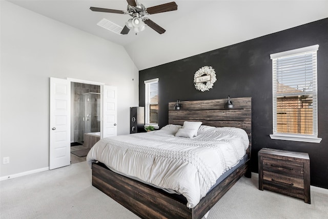 bedroom featuring vaulted ceiling, multiple windows, carpet flooring, baseboards, and visible vents