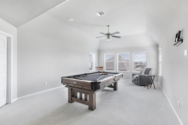game room featuring carpet flooring, ceiling fan, billiards, visible vents, and lofted ceiling