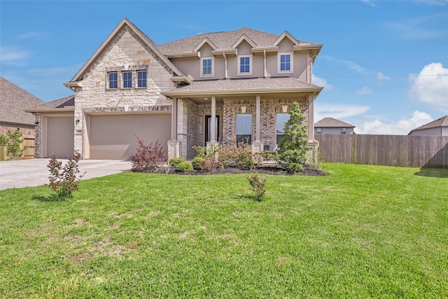 view of front of home featuring a front yard, a garage, concrete driveway, stucco siding, and fence