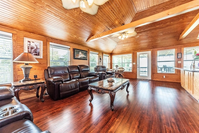1102 15th St, San Leon, TX 77539 - living room with dark wood-style flooring, ceiling fan, vaulted ceiling with beams, wood walls, and wood ceiling