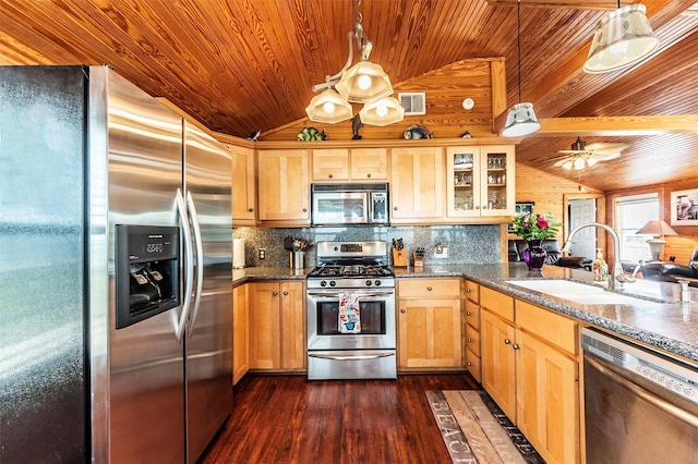 1102 15th St, San Leon, TX 77539 - kitchen with wood ceiling, appliances with stainless steel finishes, a sink, visible vents, and lofted ceiling