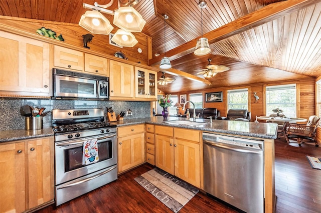 1102 15th St, San Leon, TX 77539 - kitchen featuring wood ceiling, open floor plan, stainless steel appliances, and light brown cabinetry
