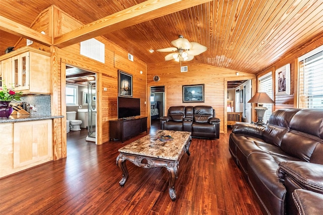 1102 15th St, San Leon, TX 77539 - living room featuring ceiling fan, visible vents, wooden ceiling, dark wood-style flooring, and wooden walls